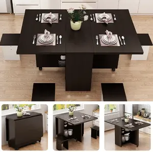 Space-Saving Foldable Dining Table with Four Stools Two Side Tabletops with Lift Up and Stay Dining Room Furniture