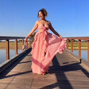 Plus Size Women's Strapless Long Chiffon <b>Dress</b> Empire Waist Ruffles Solid Color Vacation Wear Pink <b>Emerald</b> - Product Image 3