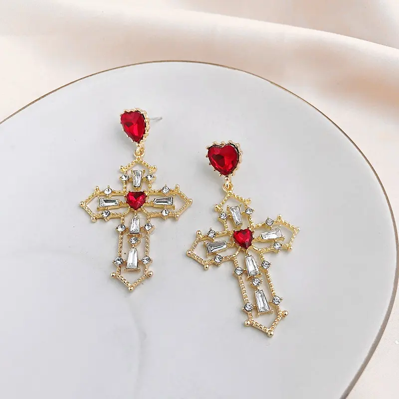 Vintage vermelho coração cristal brincos para mulheres cruz pingente strass Dangle brinco jóias festa aniversário presentes