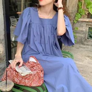 Boutique Wholesale 2024 Summer Minimalist Temperament Square Neck Loose Pleated Flying Sleeves Casual Long Women's Dress