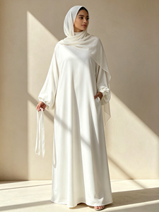 Modest Islamic Women <b>White</b> Abaya <b>White</b> Dress with Satin Lined Long Loose <b>Maxi</b> Dress Muslim Prayer Daily Wear (6673) - Product Image 3