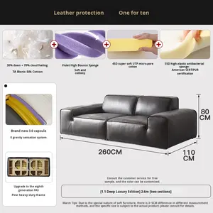 Italian Minimalist <b>Living</b> <b>Room</b> <b>Sofa</b> Big Black Cowhide Top Layer Genuine Leather Straight Row Design Sponge - Product Image 6