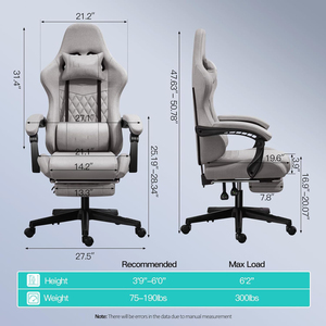 <span class=keywords><strong>Chaise</strong></span> de jeu ergonomique inclinable en tissu avec <span class=keywords><strong>coussin</strong></span> à ressorts et repose-pieds pour PC, bureau et gaming - Product Image 3