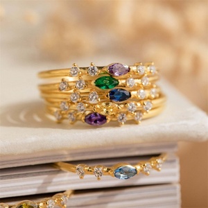 Joyería <span class=keywords><strong>de</strong></span> moda familia piedra <span class=keywords><strong>de</strong></span> nacimiento anillo abierto 18K oro colorido circón apilable anillo ajustable anillo geométrico <span class=keywords><strong>de</strong></span> acero inoxidable - Product Image 1