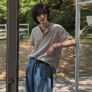T-shirt en coton uni à col <span class=keywords><strong>Henry</strong></span> MYQ pour homme, manches courtes, style coréen décontracté, coupe ample, idéal pour l'été, style <span class=keywords><strong>Old</strong></span> Money, tendance - Product Image 1