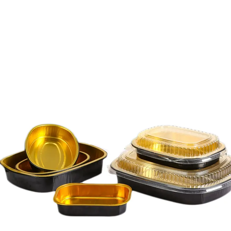 48 Unzen 10 Zoll × 8 Zoll schwarz Gold Luxus-Dessertt langlebiges Aluminiumfolie-Tablett mit PET-Deckeln Frontstück Take-Away-Lunchbox aus Aluminiumfolie