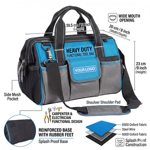 Sac à outils robuste à large ouverture pour électricien et charpentier, sac à outils Oxford de 12 pouces avec plusieurs poches, grande capacité - Product Image 3