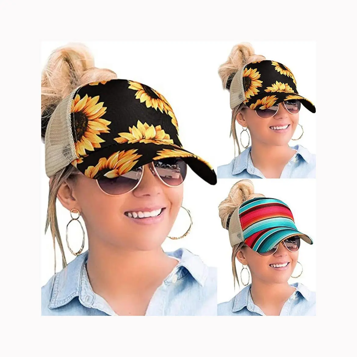 Q1542 Printed Plaid Trucker Mesh Pony Caps Cheeth Cactus Sunflower Baseball Hats High Messy Buns Ponytail Caps