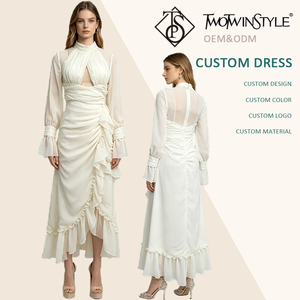 Vestido Maxi Elegante Damasco com Gola Alta, Recortes, Franzidos e Babados, Manga Longa, para Mulheres, para Casamento e Festa, Atacado - Product Image 1