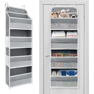 Organisateur à suspendre derrière la porte, 4 étagères, 4 poches latérales, support de rangement robuste pour vêtements et jouets, fixation murale à crochets. - Product Image 1
