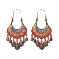 Boucles d'oreilles longues pendantes style bohème dorées, avec franges, motif fleur émaillée, bijoux fantaisie à crochet