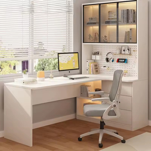 Integrierter L-förmiger Computertisch aus Holz mit Bücherregal, einfacher Schreibtisch für Zuhause, Schlafzimmer, Arbeitszimmer mit faltbaren Schubladen - Product Image 2