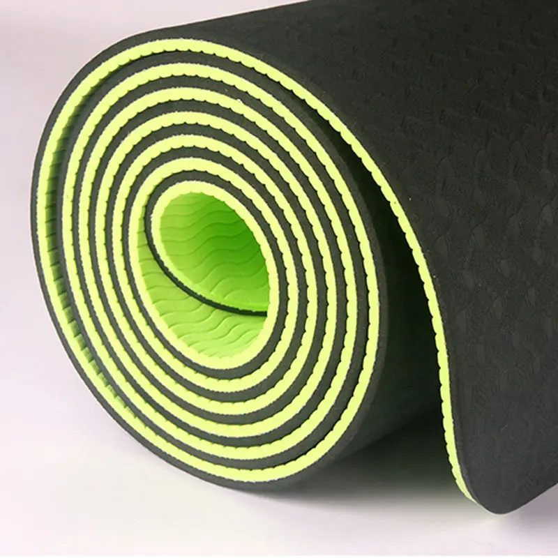 Yüksek yoğunluklu PE spor Yoga Mat özel etiket su geçirmez çift katmanlı hafif yıkanabilir ticari Yoga Mat