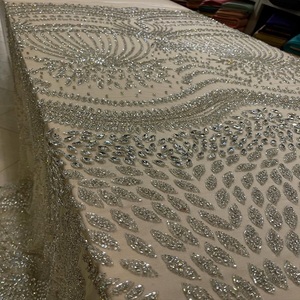 High End Crystal Beaded Embroidered <b>Fabric</b> with Floral Lace Pattern Designer Material for Gown Evening Dress Garment Textile - Product Image 1