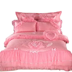 Conjunto de cama de noiva estilo coreano com renda jacquard princesa rosa e travesseiros de coração bordado saia de cama