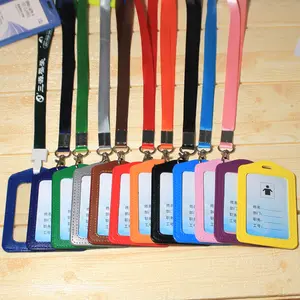 Carteira de couro PU personalizada para cartões de identificação, porta-cartões de identificação comercial com colar e alça para pescoço