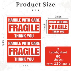 4x6 Inch Large Fragile Handle With Care Shipping Stickers 120 Pcs Easy Peel Self Adhesive Warning Labels For <b>Moving</b> <b>Box</b> <b>Packing</b> - Product Image 2