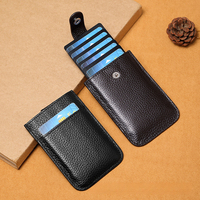 Dompet koin kulit asli bulat Mini, dompet koin Mini kulit asli, dompet kartu bisnis penghalang RFID, dompet kartu kancing jepret, dompet koin Mini bulat