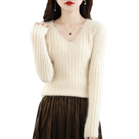 Damen Slim-Fit V-Ausschnitt Kurzer Woll strick pullover 23 Herbst/Winter Neues farbiges Nerz-Samt-Basis hemd Drawable