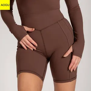 女性健身服装压缩高腰棕色运动短裤