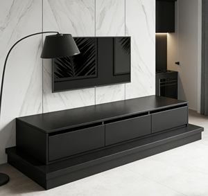 Meuble TV flottant noir élégant - Meuble de salon moderne avec mur d'accent en marbre et organisation de rangement intégrée - Product Image 2