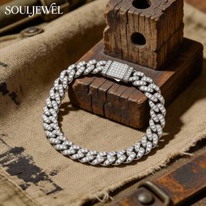 Bracelet unisexe de luxe en argent sterling plaqué rhodium avec moissanite taille brillant sertie griffe, style chaîne cubaine, pour le quotidien, style hip-hop - Product Image 5
