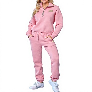Survêtement décontracté pour femme en molleton avec logo brodé personnalisé, sweat-shirt zippé et pantalon de jogging ample en molleton 100% coton épais, OEM ODM - Product Image 1