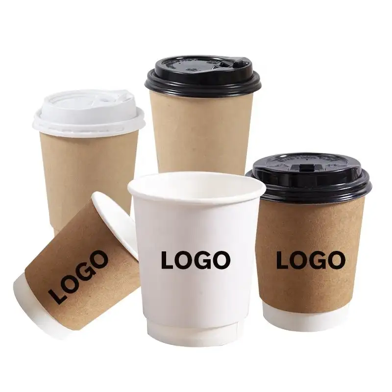 أكواب ورقية للقهوة بشعار مخصص مستديرة الطبقة صلبة قابلة للتحلل الحيوي تُستخدم لمرة واحدة مزودة بأغطية
