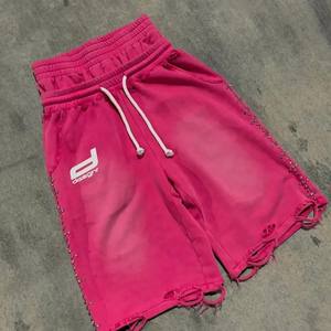 Streetwear personnalisé vieilli lavé 100% coton sweat à capuche zippé Boxy poids lourd soleil fané strass sweats à capuche zippés costume short - Product Image 5