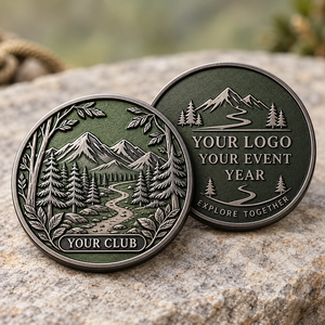 Monedas de desafío personalizadas para clubes de senderismo, con relieve de montaña y bosque, de doble cara, recuerdos para eventos al aire libre, regalos OEM ODM - Product Image 1