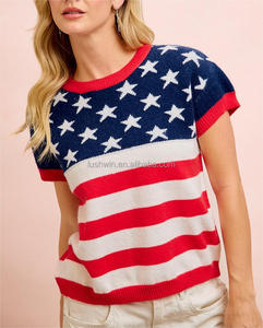 <span class=keywords><strong>Pull</strong></span> tricoté à rayures et étoiles drapeau américain pour femme, grande taille, manches courtes, col rond, <span class=keywords><strong>pull</strong></span> patriotique, haut décontracté d'été - Product Image 5