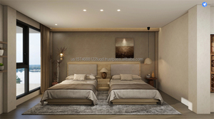 Ensemble de meubles de chambre double pour hôtel 3 étoiles, directement de l'usine, comprenant 2 lits simples avec têtes de lit rembourrées, tables de chevet, armoire et meuble TV - Product Image 2
