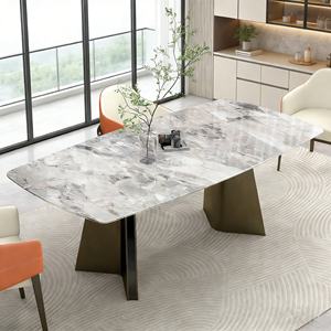 Marmeren keukentafelset voor 4/6 personen met stoelen |   8/10-persoons klassieke eettafel met roestvrijstalen frame in Franse stijl - Product Image 2