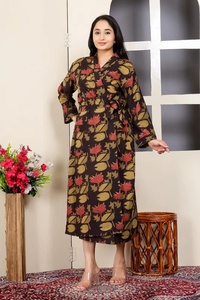 Hermoso Kimono de Algodón Estampado a Mano con Bloques Jahota, con Cinturón, Bolsillos Delanteros, Manga Larga, Estilo Maxi, Bata de Baño Estándar - Product Image 3