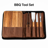 Ensemble de barbecue portable 5 pièces avec planche à découper en bois d'acacia, couteau à découper et fourchette en acier inoxydable pour barbecue au charbon de bois en extérieur
