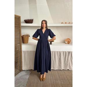 Vestidos de Noche de Muselina Azul Marino al por Mayor con Abertura, Estilo Cola de Pez, Cintura Imperio, Largos hasta la Rodilla y hasta el Suelo, y de Tres Cuartos para Fiesta - Product Image 3