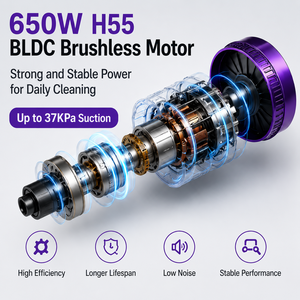 เครื่องดูดฝุ่นไร้สายแบบแท่ง 650W 38KPa มอเตอร์ BLDC ไร้แปรงถ่าน ใช้งานได้ 60 นาที ชาร์จซ้ำได้ สำหรับใช้ในบ้าน - Product Image 3