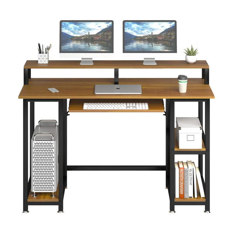 Escritorio fácil de montar, mesa y silla marrón para ordenador, estación de trabajo con bandeja para teclado, soporte para Monitor, estante de almacenamiento para CPU