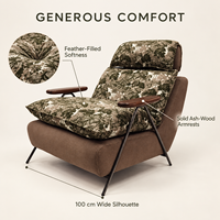 Fauteuil lounge moderne en bois de frêne véritable et tissu plume, avec structure en bois et pieds en acier inoxydable, idéal pour appartement, hôtel, salon