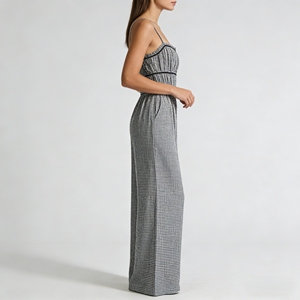 Elegante <span class=keywords><strong>Mono</strong></span> <span class=keywords><strong>de</strong></span> Mujer con Tirantes Finos, Estampado <span class=keywords><strong>de</strong></span> Pata <span class=keywords><strong>de</strong></span> Gallo, Corsé Fruncido, Cintura Alta y Pierna Ancha para Oficina o Fiesta - Product Image 2