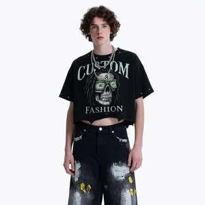 Camiseta Personalizada para Hombre, Oversize, 100% Algodón, Estilo Vintage con Pedrería, Hombros Caídos, Impresión de Logotipo Desgastado de Lujo - Product Image 2