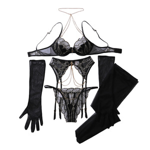 Lingerie à chaîne métallique de qualité supérieure avec gants bas voir à travers le soutien-gorge culotte ensemble <span class=keywords><strong>porte</strong></span>-jarretelles sous-vêtements Sexy femmes fines - Product Image 5