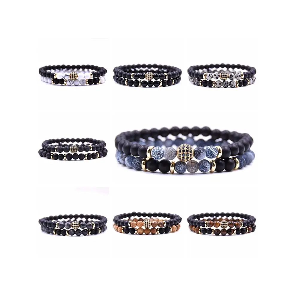 2pcs set Men 8mm Micro Pave CZ Ball Charms Beaded Stretch Bracelet 6mm Black Frosted Agate Weathered Natural Stone Bracelet