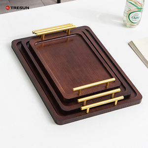 Luxury Rectangle Acacia Wood Serving <b>Tray</b> Golden Handle Breakfast <b>Dinner</b> Plate Tea Serving Board for Parties - Product Image 1