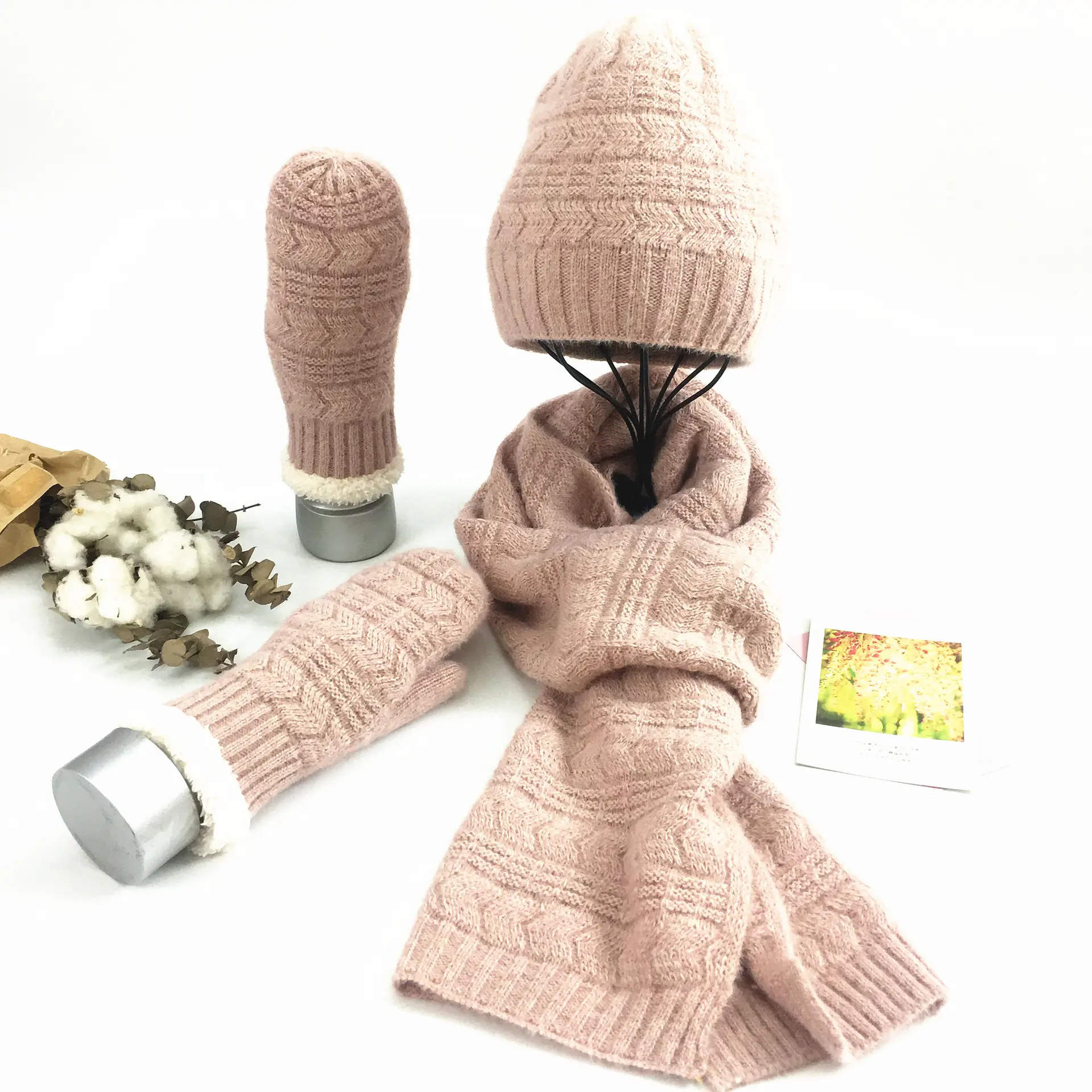 Conjunto de tres piezas de lana tejida para otoño e invierno, conjunto de guantes, bufanda, gorro de lana cálido, color puro