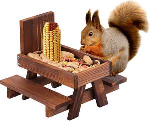 다람쥐와 다람쥐를위한 옥수수 속 홀더가있는 나무 둥근 다람쥐 피크닉 테이블 피더 작은 동물 응용 - Product Image 1