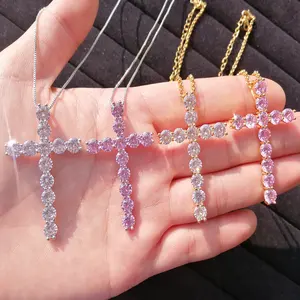 2023 custom gold plated bling cross necklace jewelry pink cubic zirconia pendant necklace for women
