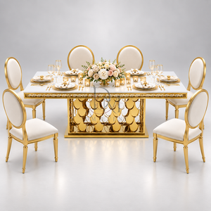 Mesa de Comedor Premium de Acero Inoxidable Dorado con Cubierta Blanca y Base Decorativa en Escalón, Proveedor Mayorista para Banquetes de Boda - Product Image 4