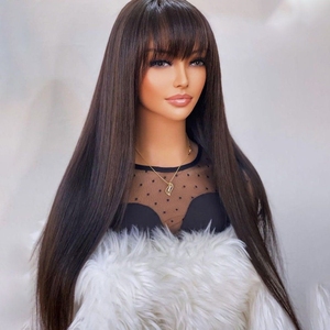 Perruques à franges en gros avec frange, cheveux humains couleur naturelle, raides, ondulés, bouclés, sans colle, fabriquées à la machine, cheveux vierges Remy - Product Image 2