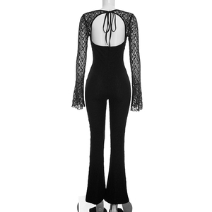 Viviblook D26JP280 Women Autumn New Solid Color Sexy Lace Hollow Drawstring Long Sleeved Slim Fit Casual One Piece Jumpsuit - Product Image 4